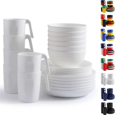 Image de Berglander Set de vaisselle en plastique 24 pièces pour 6 personnes - Blanc, réutilisable