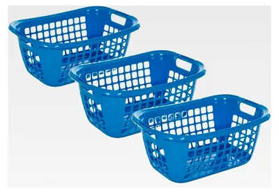 Produktbild von 3 Stück 32 L Wäschekorb aus Kunststoff mit Griffen in Blau und Silber