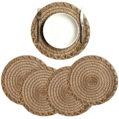 Immagine prodotto di Set di 4 tovagliette rotonde in juta intrecciata, lavabili, diametro 39 cm