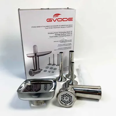 Immagine prodotto di Attacco per tritacarne in acciaio inox per accessori Kitchenaid, Set di accessori per tritacarne in acciaio inox di alta qualità per Kitchenaid con 3 corni per insaccare 2 lame per macinare 5 dischi per macinare