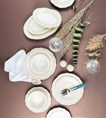 Image de Hermia Concept, ensemble de vaisselle de haute qualité (53 pièces) en porcelaine 100%, blanc et or