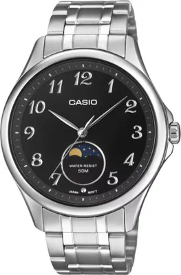 A close-up studio shot of a Casio watch with a black dial and silver metal band.
