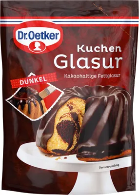 A package of Dr. Oetker Kuchenglasur (cake glaze) with an image of a marble cake covered in dark chocolate glaze.