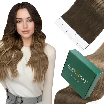 Productafbeelding van Echte haarverlenging, plakband, balayage, bruin, donkerbruin, middenbruin, asblond, 55 cm, 50 gram