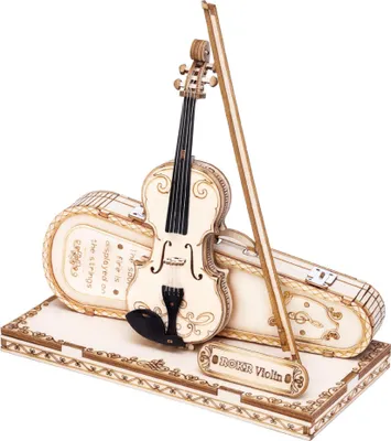 A 3D wooden model of a violin and its case, displayed on a wooden base.