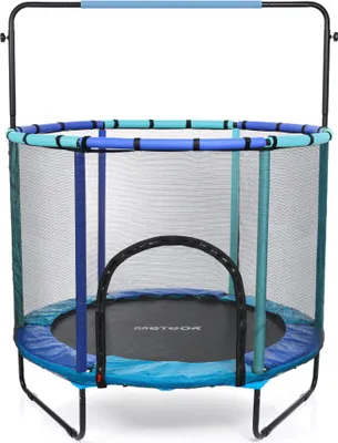 Zdjęcie produktu dla Trampolina dla dzieci Meteor TRP-65P z siatką Ø140 cm - do użytku wewnątrz i na zewnątrz - do 50 kg - z zamkiem błyskawicznym, wyściółką ochronną, drążkiem - niebieska/jasnoniebieska