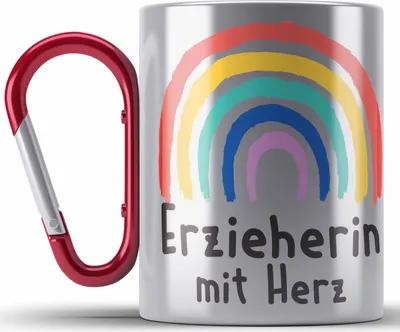 Produktbild von Trendation - Erzieherin Edelstahl Tasse Karabiner Geschenk mit Herz Geschenke Abschiedsgeschenk mit Spruch Karabiner Edelstahl Tasse Karabiner Edelstahl Kindergärtnerin (Rot)