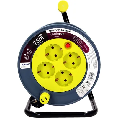 Immagine prodotto di Orno AE-1339 Mini avvolgicavo 15m con 4 prese, supporto in metallo e protezione termica || 2300W / 10A, 230V, 50Hz || 18 x 24,5 x 14 cm (giallo)