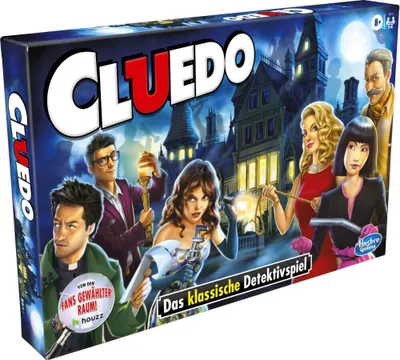 The image shows the front of a Cluedo board game box, featuring characters and a mansion illustration.