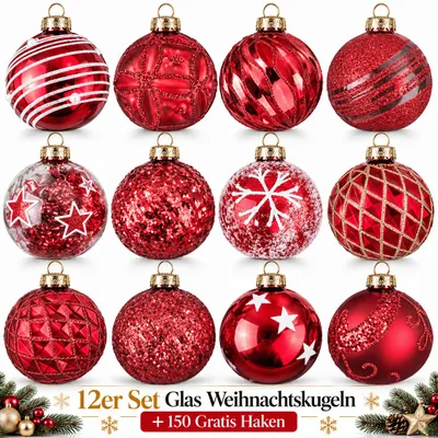 Produktbild von Weihnachtskugeln Glas 12er Set Christbaumkugeln Baumschmuck Kugeln Rot M6