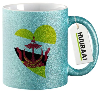 Produktbild von Huuraa Glitzertasse Brunei Flagge Herz 330ml Blau Keramik Kaffeebecher Geschenkidee