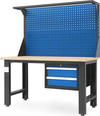 Obrázok produktu pre Pracovný stôl s perforovanou stenou Pracovná doska s 2 zásuvkami Kov, 150 cm x 170 cm x 75 cm, Farba: Antracitovo-modrá