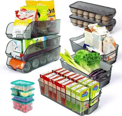Produktbild von Unyqoos® 13‑teiliges Kühlschrank‑Organizer-Set, transparent, BPA‑frei, stapelbar, PET/PP – 3 Vorratsboxen, 3 Getränkehalter, 2 Eierboxen (je 12 Eier), 900/2×400/2×200 ml