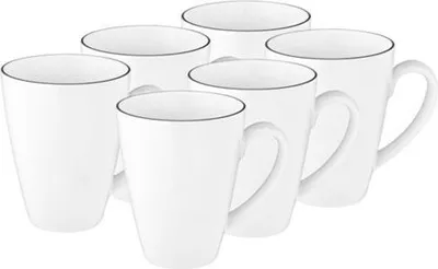 A set of six white mugs with a thin black rim, arranged in a staggered formation against a white background.