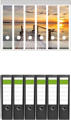 Produktbild von Wallario 6 Stück breite Ordner inkl. Klebeetiketten mit Motive Sonnenuntergang über dem See  idyllischer Steg -  Set mit Rückenschildern / Ordnerrücken Stickern