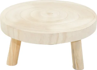 A wooden plant stand with three legs on a white background.