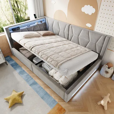 Produktbild von LVHOM Polsterbett 140x200cm Eckbett aus Samt, Stauraumbett mit LED und USB-C, Funktionsbett mit Bettkasten und Lattenrost, Doppelbett Dunkelgrau