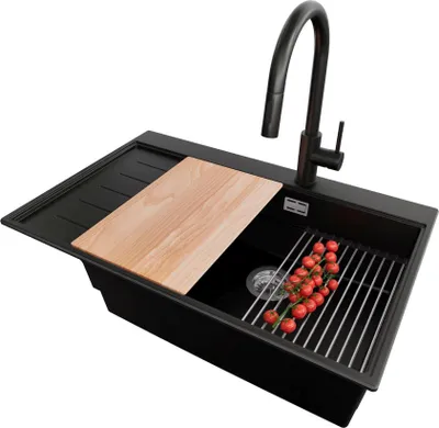 Produktbild von PRIMAGRAN Granitspüle Schwarz 78x50cm, Spülbecken 1 Becken + Küchenarmatur 40x20cm + Ablauf-Set + Küchenzubehörset, Küchenspüle ab 60er Unterschrank - Sydney