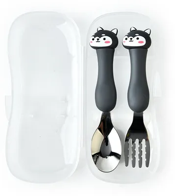 Image de Fourchette et cuillère pour bébé, manche en plastique, acier inoxydable, vaisselle pour enfants, apprentissage de l'alimentation, chien (noir)