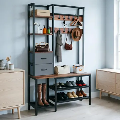 Produktbild von Kleiderständer Garderobenständer Schuhregal mit 9 Haken 2 Schubladen, Flurgarderobe, Sitzbank, 120x40x180 cm, Schwarz