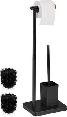 Image de Ensemble d'accessoires de salle de bain - 66,5 x 23 x 18 cm - Porte-rouleau de papier toilette autoportant - Brosse WC avec support - Acier inoxydable - Noir