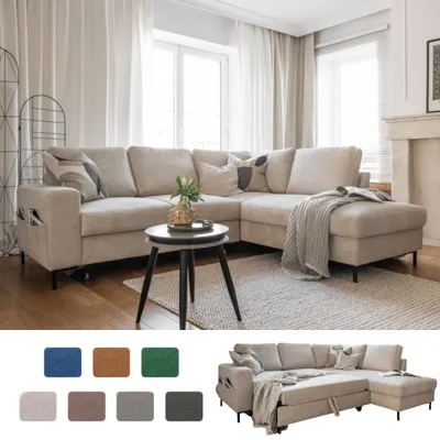Produktbild von MIUFORM Lofty Lilly Ecksofa mit Bettfunktion und Bettkasten L-FORM RECHTS– 237 x 197 cm - Beige - Sofa Schlafsofa Couch