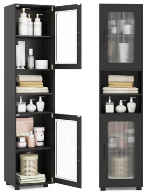 Produktbild von COSTWAY Badezimmerschrank, Hochschrank mit 2 transparenten Glastüren, Badschrank mit Regalen & 2 Fächern, Aufbewahrungsschrank, 40x30x170 cm, Schwarz