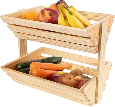Produktbild von Creative Home Obstkorb Holz mit 2 Etagen | Geöltes Holz 36 x 28 x 30 cm | Obstschale Brotkorb Obst Etagere | Universell einsetzbare Aufbewahrungsbox Obsttablett | Für Gemüse Snacks Küche