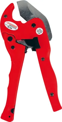 A red pipe cutter with a silver blade is shown against a white background.