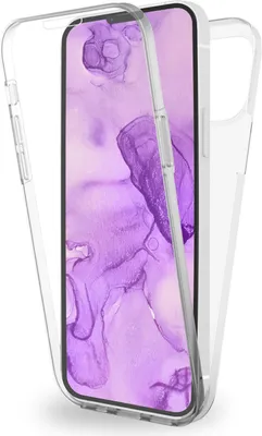 A clear protective case for an iPhone is shown, with the phone inside displaying a purple abstract background.