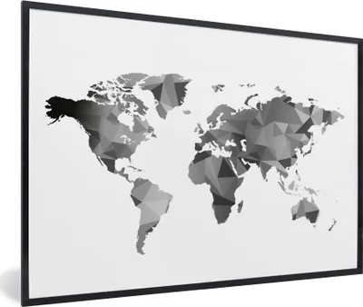 Produktbild von MuchoWow® Gerahmtes Poster Weltkarte - Schwarz - Grau - Weiß - Kinder - Mädchen 90x60 cm - Poster mit Schwarzem Bilderrahmen Wandposter Rahmen Foto Bilder - Fotorahmen - Foto-Plakat