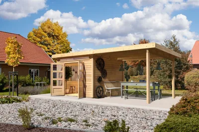 Produktbild von Karibu Gartenhaus Gerätehaus Kandern 6 im Set mit Anbaudach 3,2 m Breite naturbelassen 565x274x222 cm