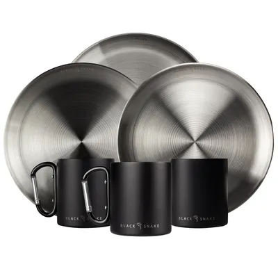Produktbild von Camping Geschirr Set Edelstahl 3 Personen Teller & Karabinertassen Outdoor