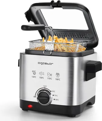 Mini Fritteuse, Temperaturkontrolle und Sichtfenster,Easy Clean, Edelstahl-Korb, 1,5 Liter groß,1000W