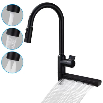 Produktbild von Homelody Wasserfall Küchenarmatur, Wasserhahn Küche Ausziehba 360° Drehbar, Mischbatterie Küchenarmatur mit 4 Wassersprühmodi, Edelstahl, Schwarz