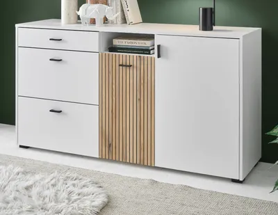 Produktbild von Sideboard "Merced" Kommode weiß mit Eiche 150 cm,Soft-Close-Funktion und Staboptik