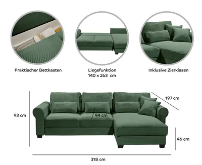 Produktbild von Angelina Ecksofa 318 x 197 cm, mit Schlaffunktion und Bettkasten, Stoffbezug:Zoom 19 Dove