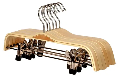 Produktbild von 6 Stück Holz Kleiderbügel Hosenspanner für Hosen/Röcke rutschfest aus Schima-Holz 37,5 cm
