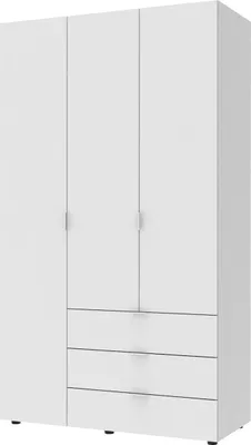 A white three-door wardrobe with three drawers at the bottom, shown from the front against a white background.