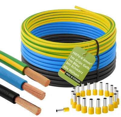 Produktbild von INVOLT H07V-K 6mm² Stromkabel Set, Einzelader je 1m Blau u. Grün-Gelb + 3m Schwarz mit 60 Aderendhülsen, Verdrahtungssatz für Zählerschrank