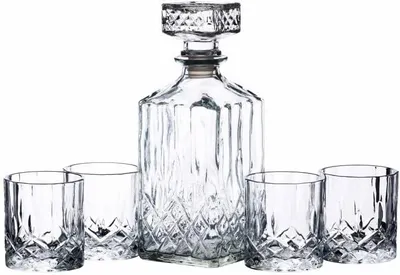 Produktbild von Whisky-Dekanter- und Gläser-Geschenkset, 5-teiliges Set aus geschliffenen Gläsern, 900-ml-Dekanter mit Silikonverschluss und 4 Gläsern, 26 x 10 x 24 cm
