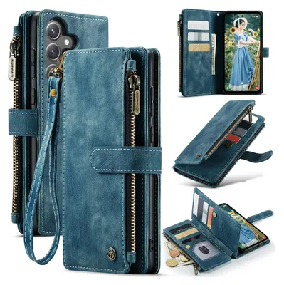 Image de Galaxy S23 FE Housse, Rabat en cuir Fermeture éclair Stand Housse de protection pour Samsung Galaxy S23 FE Bleu