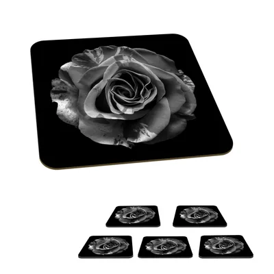Obrázok produktu pre MuchoWow® Sklenený podtácek Štvorcová sada 6 kusov Kvety - Ruža - čierna - biela - botanické 10x10x0.3cm Podložky pod poháre - podložky pod nápoje -