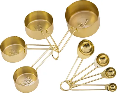 Produktbild von Krumble Messbecher und Löffel - 8er Set - Messbecher - Messlöffel - Messbecher - Löffel - Esslöffel - Teelöffel - Edelstahl - 250 ml + 125 ml + 80 ml + 60 ml + 15 + 5 + 2,5 + 1,25 ml - Gold