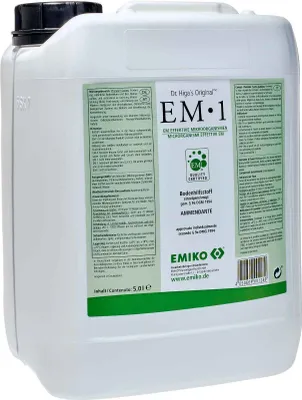 A white plastic jerrycan containing a liquid product, with labels on the front.
