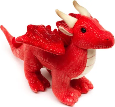 A red plush dragon toy is shown from a slightly elevated side angle against a white background.