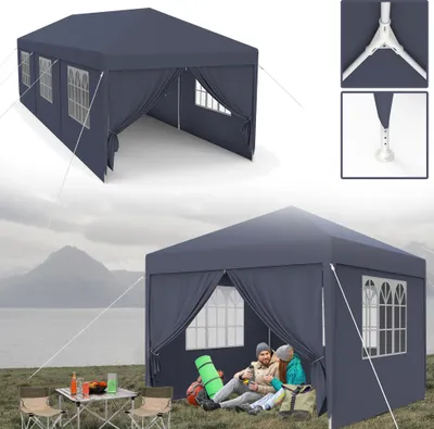 A collage showing a dark gray pop-up gazebo in different settings, including a product shot and a lifestyle shot with people relaxing outside.