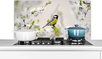 Produktbild von KitchenYeah®  Spritzschutz Küche - Küchenrückwand - Wandschutz für Herd und Spüle - Vogel - Kohlmeise - Blumen - Blütenbaum 100x50 - Alu-Dibond (Alternative zum Spritzschutz aus Glas) - Hitzebeständig