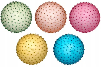 Five textured balls of different colors arranged in two rows.