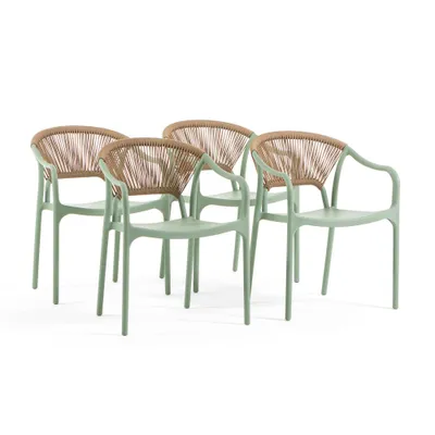 Produktbild von 4er-Set stapelbare Stühle aus Polypropylen mit Rückenlehne aus geflochtenem Seil und Armlehnen, für Garten, Terrasse, Bars und Restaurants – Jennifer Salbeigrün